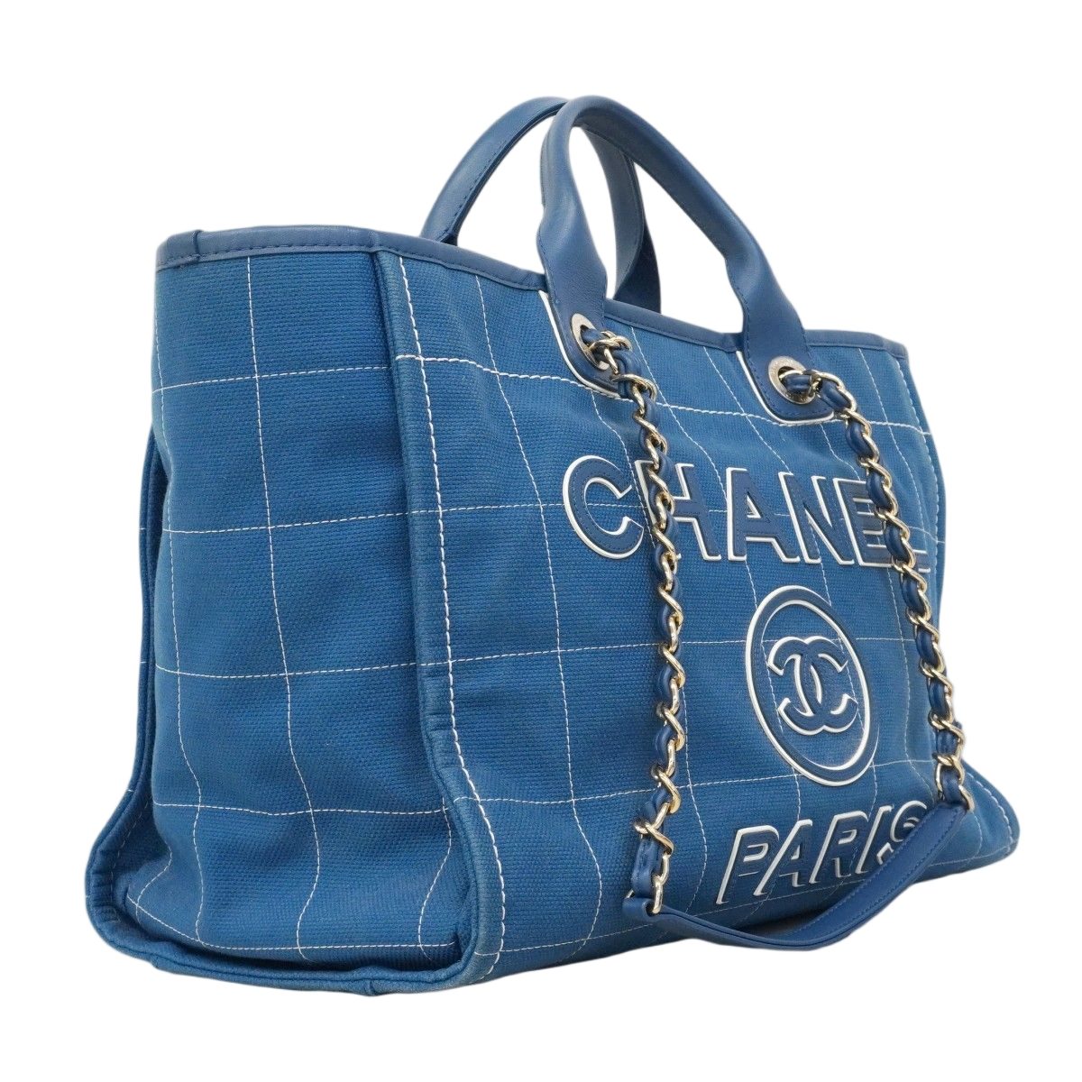 Chanel Chain Tote Deauville Canvas Blue Champagne Gold 2-Way — view 2