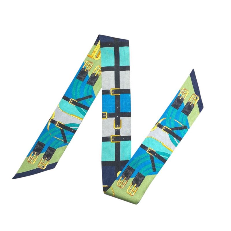 Em0662 Hermes Twilly Women's Silk Scarf Green Navy and Gold