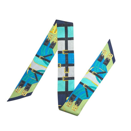 Em0662 Hermes Twilly Women's Silk Scarf Green Navy and Gold