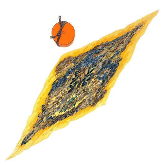Hermes Pleated Scarf L'ile Deserte None Man's Island Carre 90 Yellow With Box