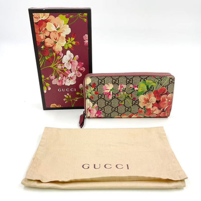 Gucci GG Blooms Round Zipper Leather X PVC Beige Wallet Silver