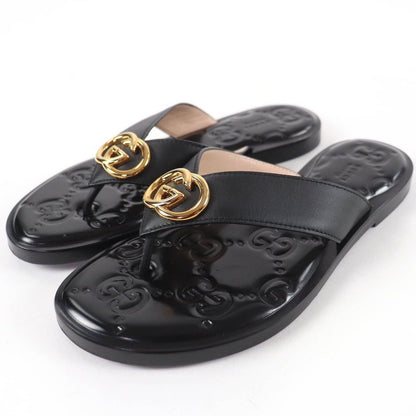 Gucci Leather Interlocking Sandals Black Gold 36.5
