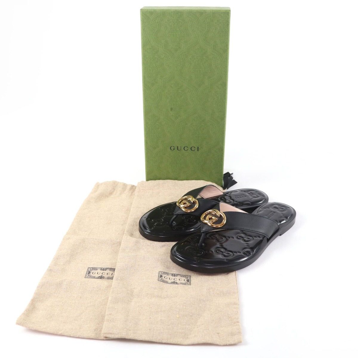 Gucci Leather Interlocking Sandals Black Gold 36.5 — view 2