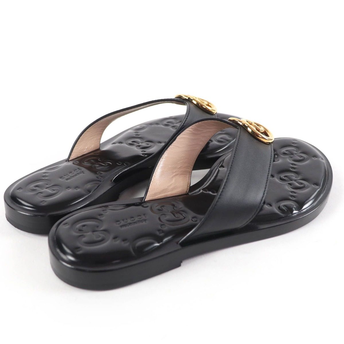 Gucci Leather Interlocking Sandals Black Gold 36.5 — view 3