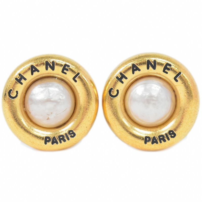 Authentic Chanel Logo Faux Pearl Earrings GP Gold Plated White Accessories
