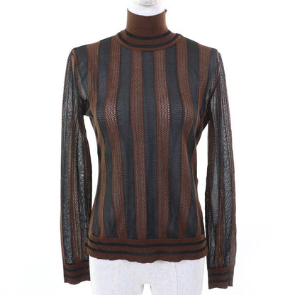 Fendi Fzy923 55% Silk Pecan High Neck Sheer Mesh Design Long Sleeve Top Brown