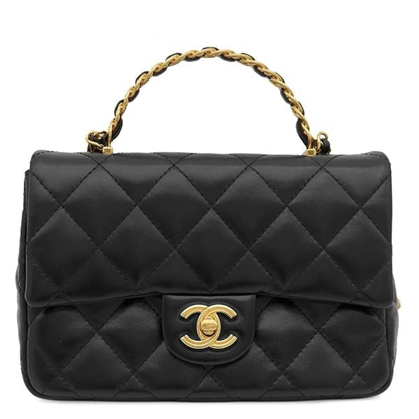 Chanel 2-Way Bag Small Top Handle Flap Lambskin Shiny Black Gold Handbag