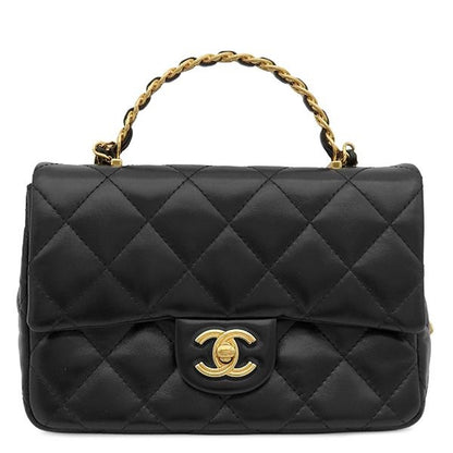 Chanel 2-Way Bag Small Top Handle Flap Lambskin Shiny Black Gold Handbag