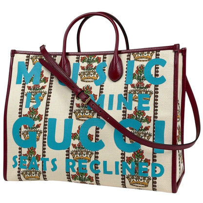 Gucci Large Tote Logo 2-Way Shoulder Bag Canvas Beige Red Multicolor