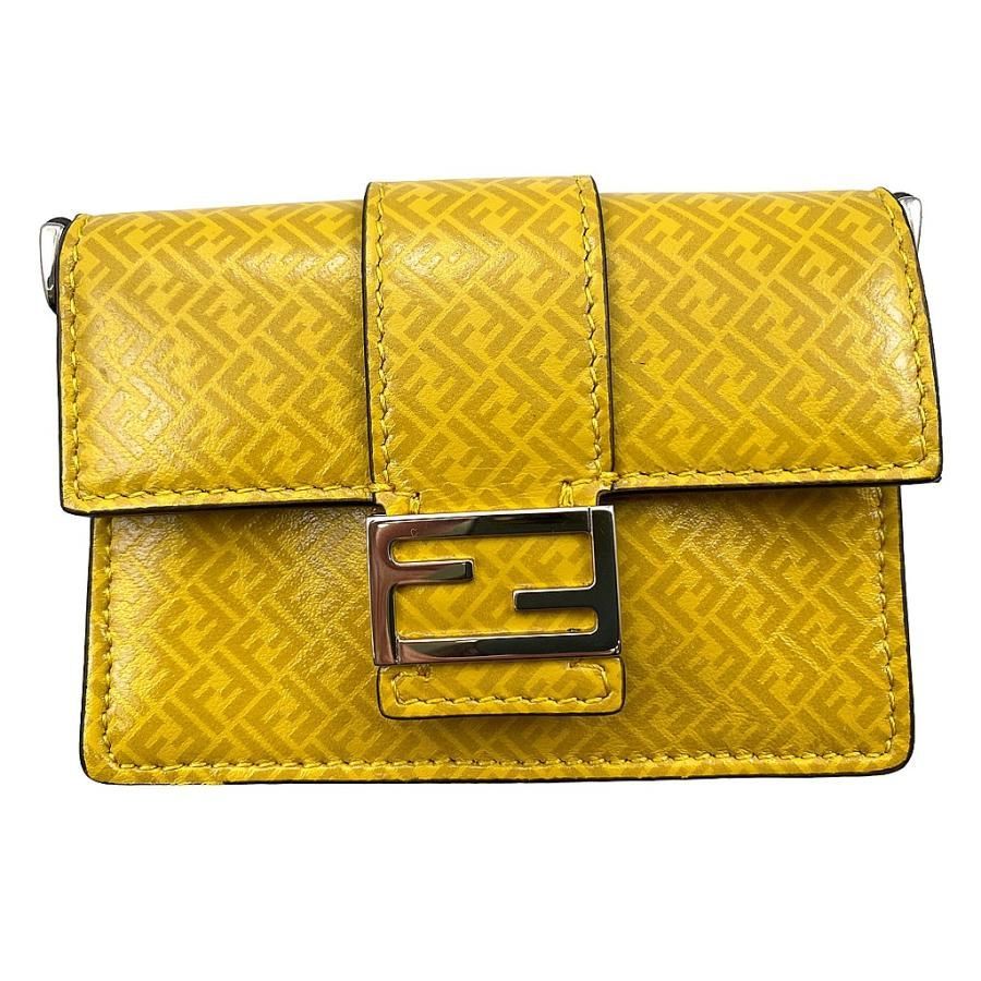 Fendi Flat Baguette Shoulder Bag Card Case Calf Leather Yellow Silver Hardware
