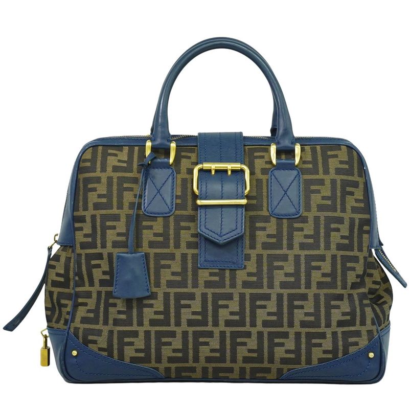 Authentic Fendi Zucca Handbag Canvas Brown Blue 8bn069 Zucca Bag Pre-owned