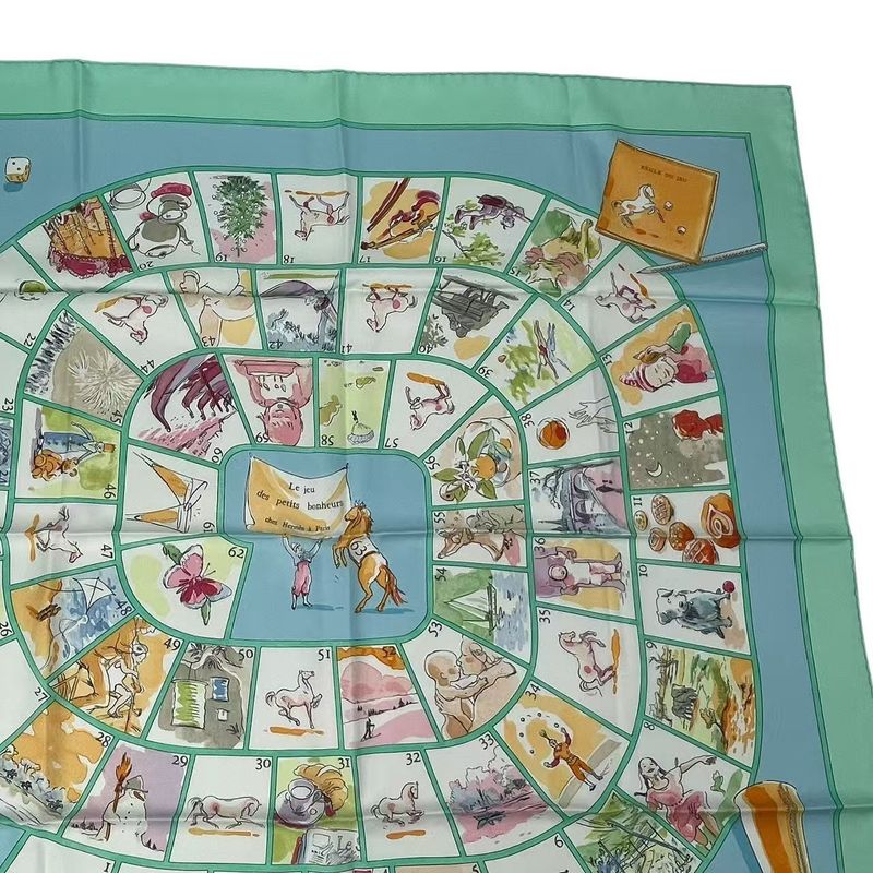 Hermes Carre 90 Le Jeu Des Petits Bonheurs Small Happy Game Scarf Silk Green