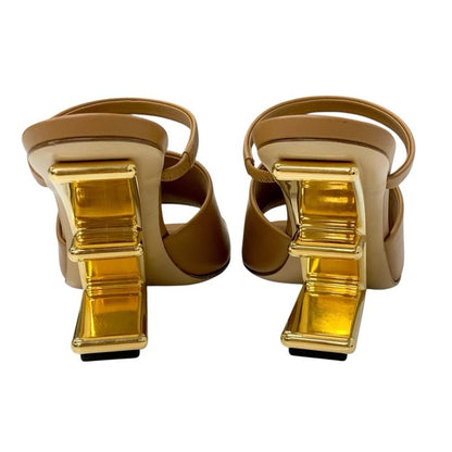 Fendi First Sandals Shoes Leather Brown Gold Unused Mule Metal Heel Strap