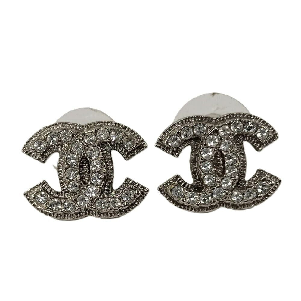 Chanel CC Logo Earrings Rhinestone Plated Silver