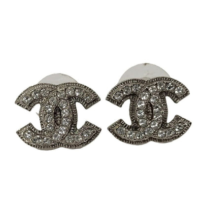 Chanel CC Logo Earrings Rhinestone Plated Silver