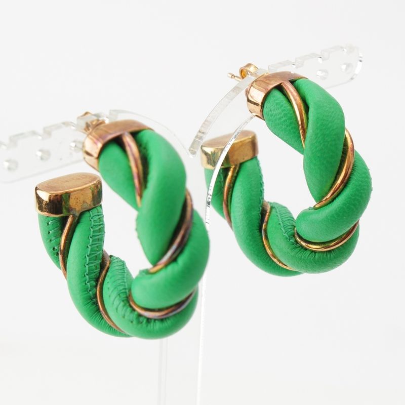Bottega Veneta Leather Twisted Hoop Earrings Accessories Ag925 Gold And Green