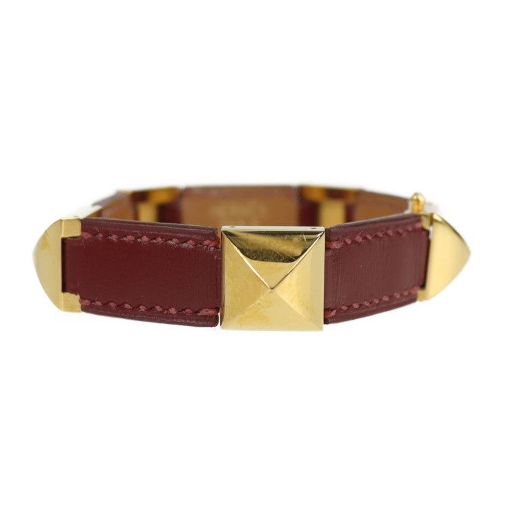 Hermes Bracelet Leather Red Gold Hardware Medallion Engraved V