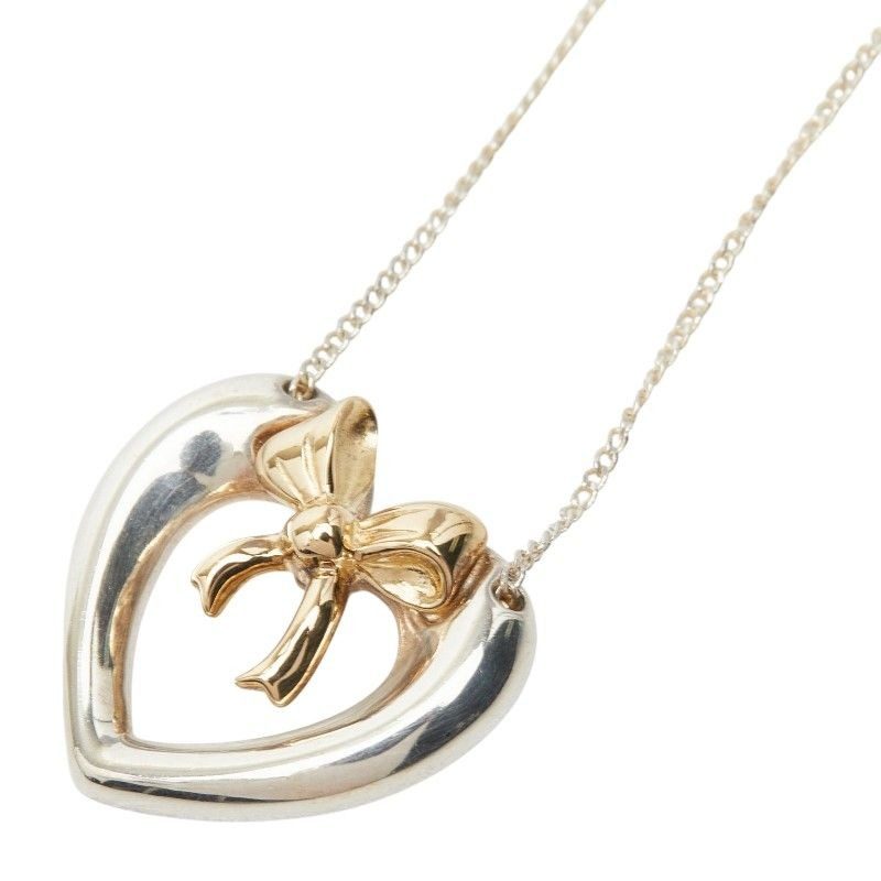 Tiffany & Co Heart Ribbon Chain Pendant Necklace Silver 18k Yellow Gold