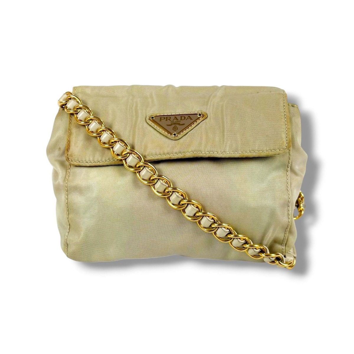 Prada Triangle Logo Chain Shoulder Bag Tessuto Nylon Ivory Mini