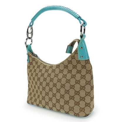 Gucci Shoulder Bag 115002 GG Canvas Leather Beige Blue Silver Hardware Shoulder
