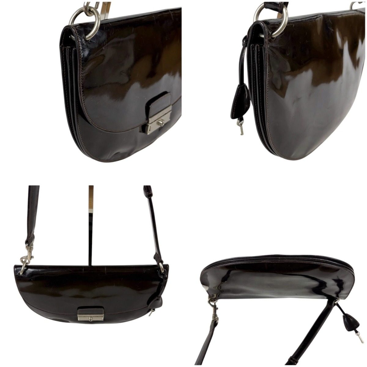 Prada Shoulder Bag Hobo Mirror Calf Leather Dark Brown Semi — view 4