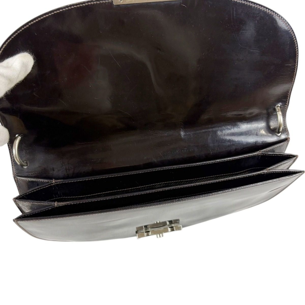 Prada Shoulder Bag Hobo Mirror Calf Leather Dark Brown Semi — view 9