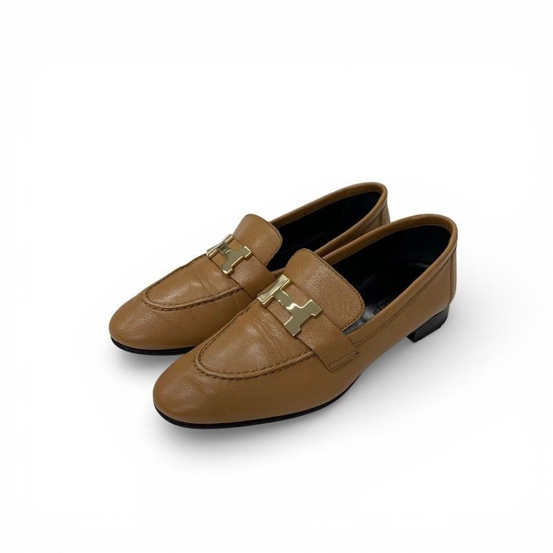 Hermes Paris Loafers Shoes Leather Natural Gold Hhardware Moccasins