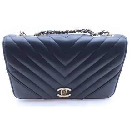 Chanel Chevron Stitch Leather Chain Shoulder Bag Gold Black