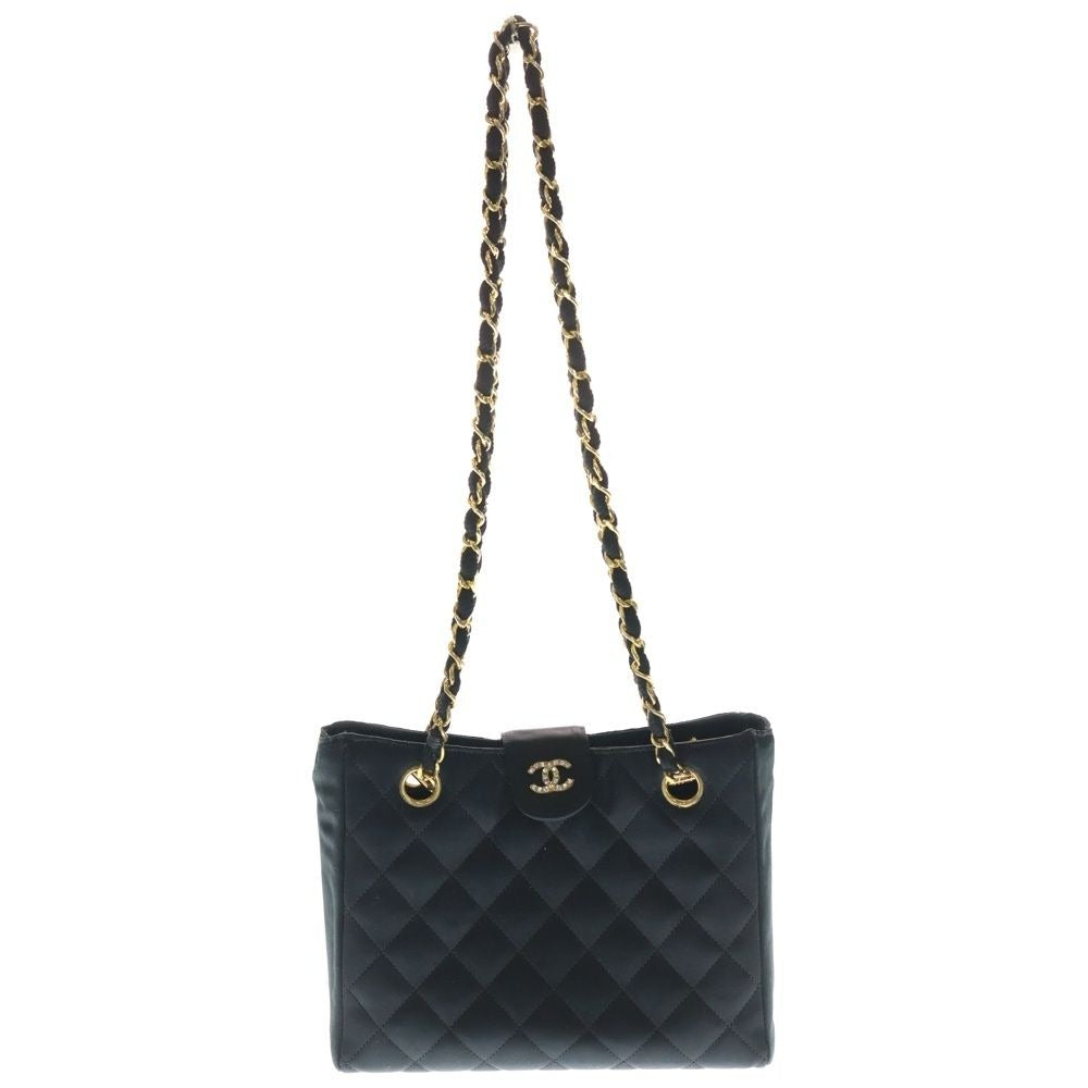 Chanel Quilted CC Logo Rhinestone Satin Chain Tote Black Gold