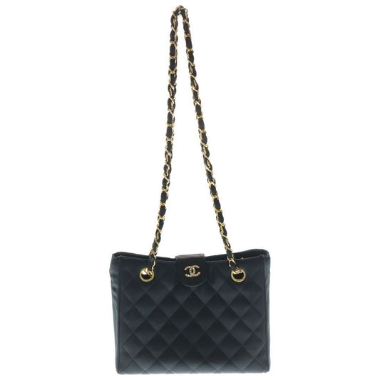 Chanel Quilted CC Logo Rhinestone Satin Chain Tote Black Gold