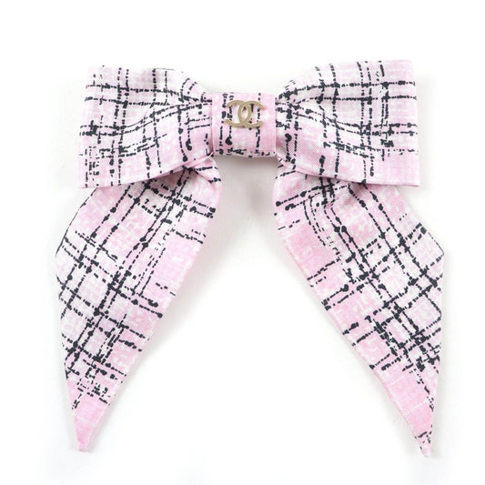 Chanel Collection CC Logo Tweed Print Silk Ribbon Barrette Pink Hair Accessory