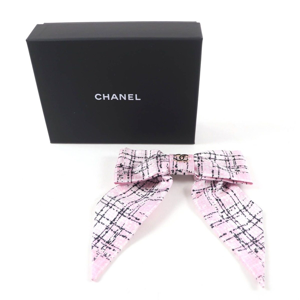 Chanel Collection CC Logo Tweed Print Silk Ribbon Barrette Pink Hair Accessory — view 2