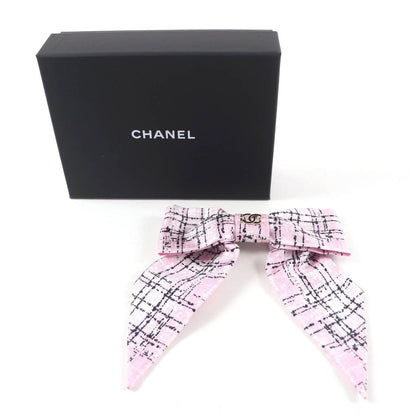 Chanel Collection CC Logo Tweed Print Silk Ribbon Barrette Pink Hair Accessory — view 2