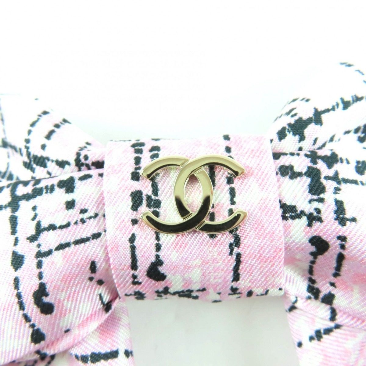 Chanel Collection CC Logo Tweed Print Silk Ribbon Barrette Pink Hair Accessory — view 5