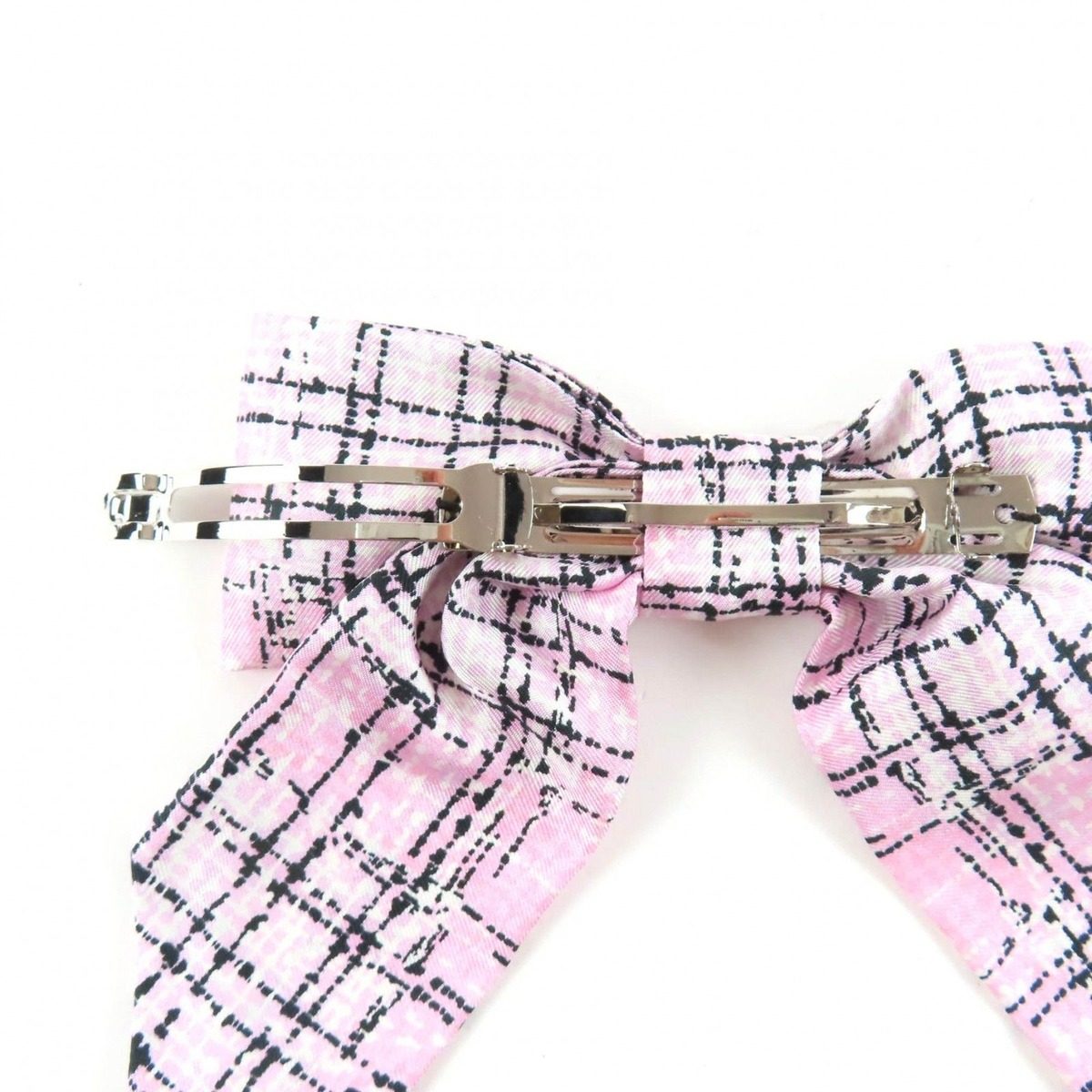 Chanel Collection CC Logo Tweed Print Silk Ribbon Barrette Pink Hair Accessory — view 6
