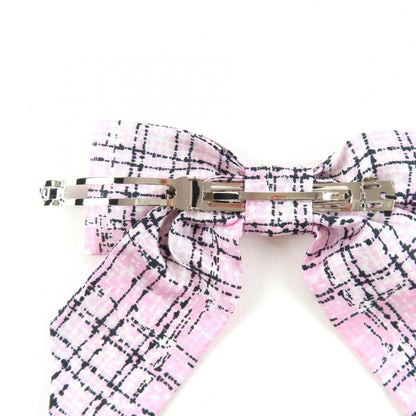 Chanel Collection CC Logo Tweed Print Silk Ribbon Barrette Pink Hair Accessory — view 6