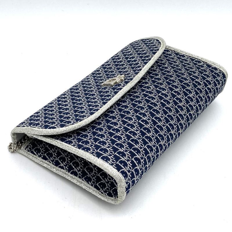 Christian DIOR Chain Shoulder Bag Lame Thread Canvas Navy Women