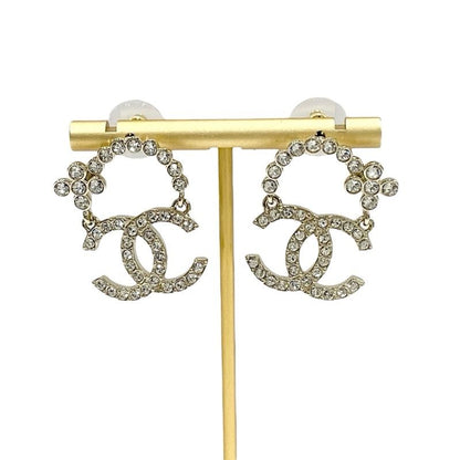 Chanel Earrings Earring Gold Coco Mark Flower Rhinestone