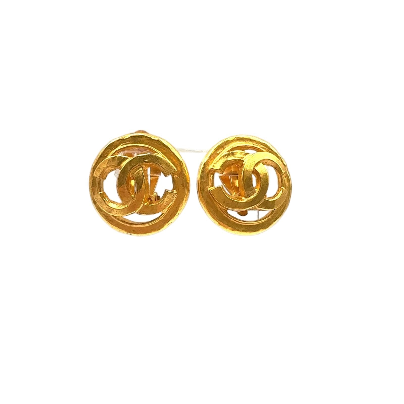 Chanel CC Logo Watermark Round Gold Plated Earrings