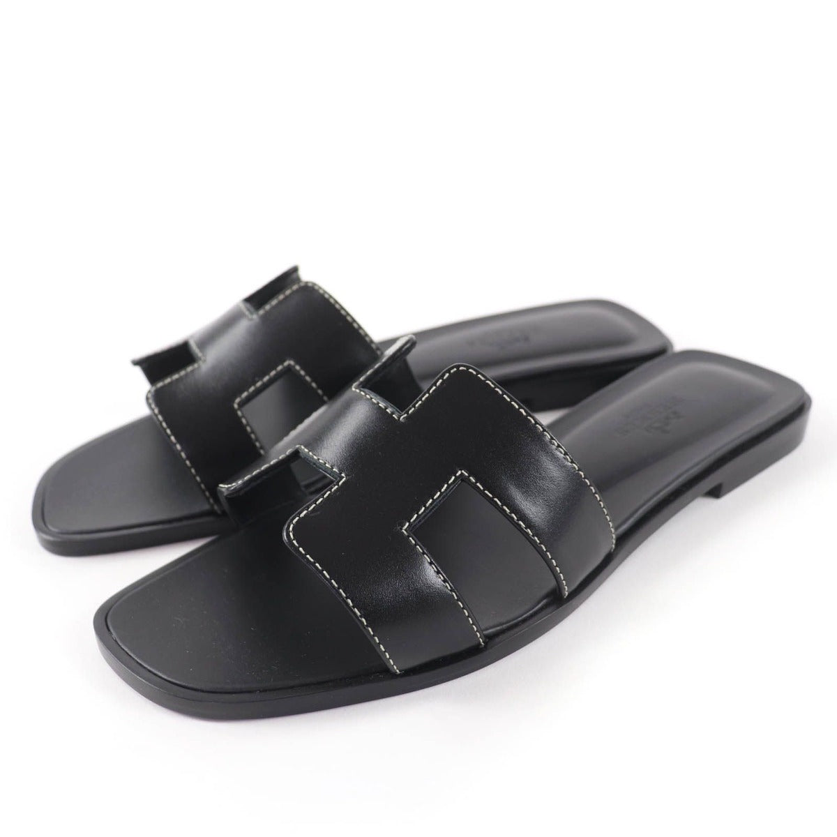 Hermes Oran Box Calf Leather Flat Sandals Black 35.5