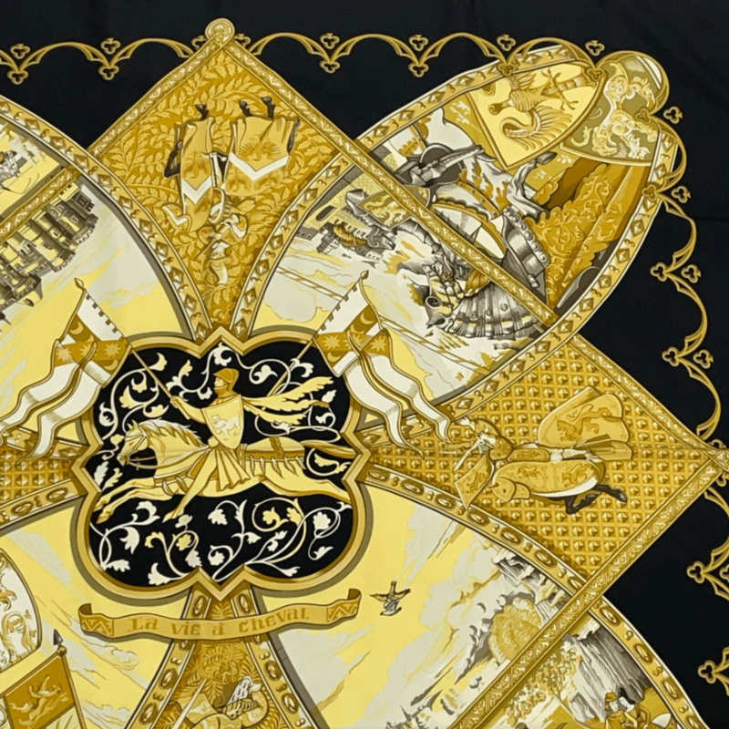 Hermes Scarf Carre 90 La Vie A Cheval Gold And Black