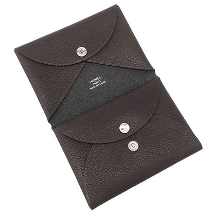 Hermes Card Case Calvi Duo Barenia Faubourg Ebène Silver Hardware Brown Gray