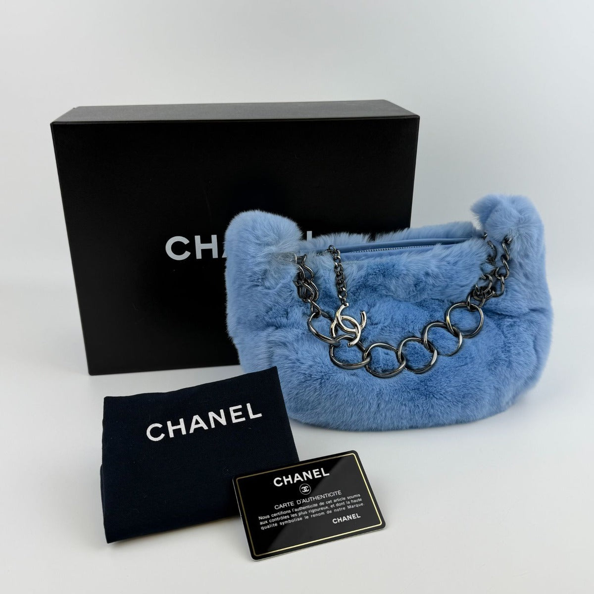 Chanel CC Logo Handbag Blue Rabbit Fur Vintage