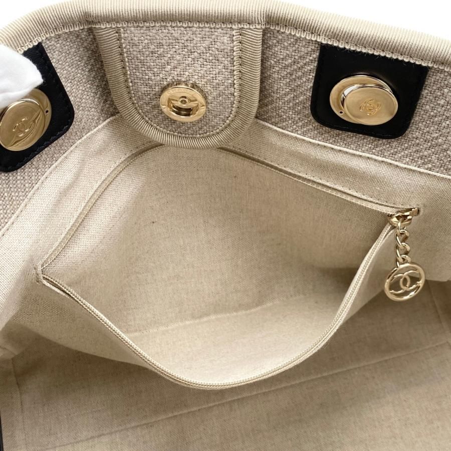 Chanel Tote Bag Deauville MM A67001 Canvas Chain Logo Beige Black Gold Hardware