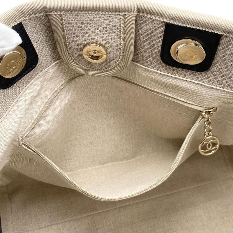 Chanel Tote Bag Deauville MM A67001 Canvas Chain Logo Beige Black Gold Hardware