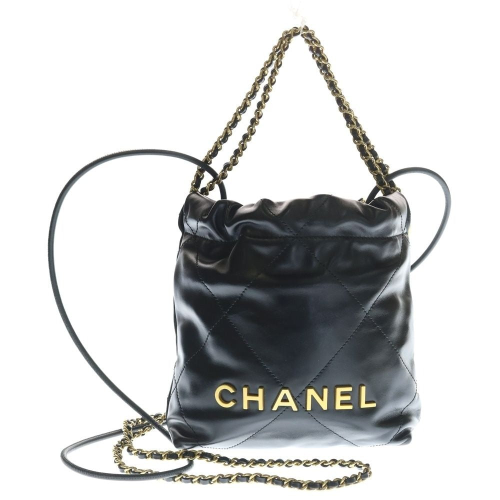 Chanel 22 Mini CC Logo Shiny Calfskin Leather Chain Shoulder Bag Black