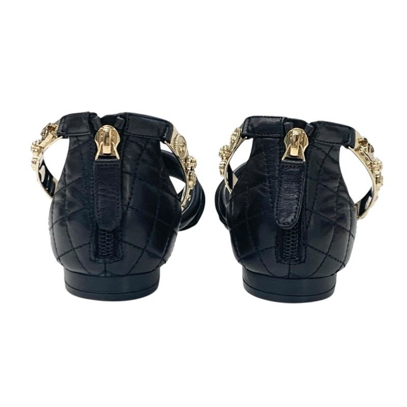 Chanel Sandals Shoes Leather Black Gold Coco Mark Icon Metal Strap Matelasse