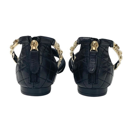 Chanel Sandals Shoes Leather Black Gold Coco Mark Icon Metal Strap Matelasse