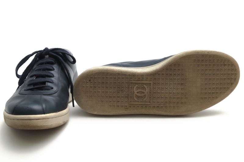 Chanel Shoes Sneakers Shoes Low Cut Women Leather Genuine Leather Navy Blue