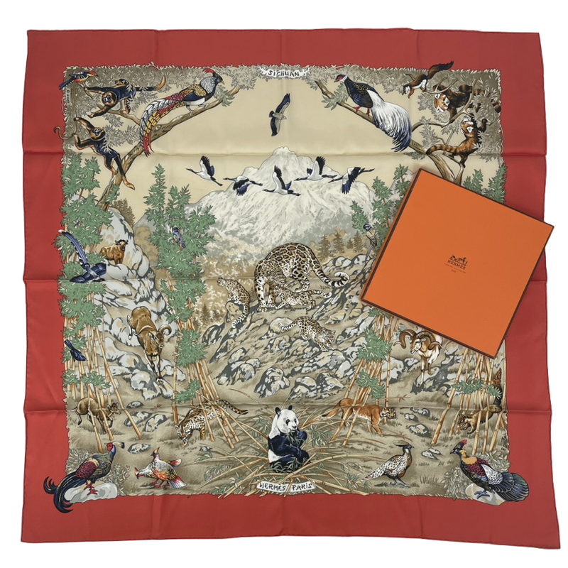 Hermes Carre 90 Sichuan Silk Scarf With Orange Animal Box